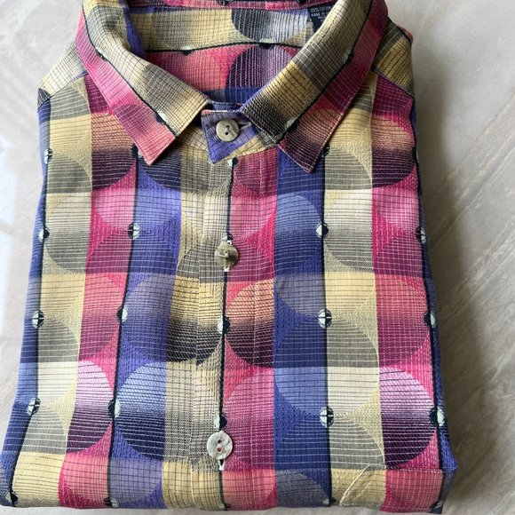 JHANE BARNES COLLECTION vintage shirt in size L geometric hues of purple gold - Picture 9 of 9
